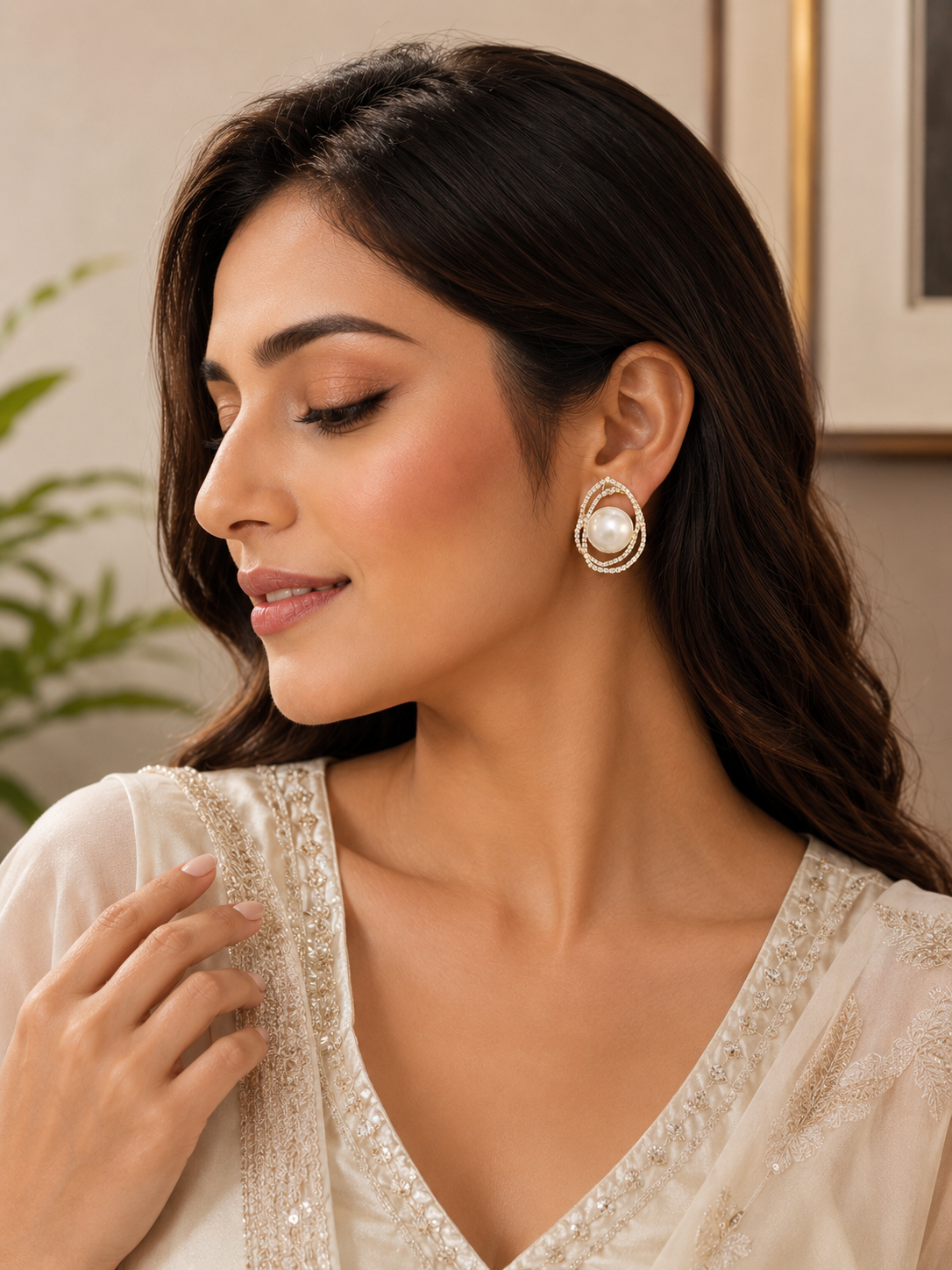 Pearl Halo Crystal Stud Earrings | 18K Gold Plated | Elegant Statement Earrings for Women