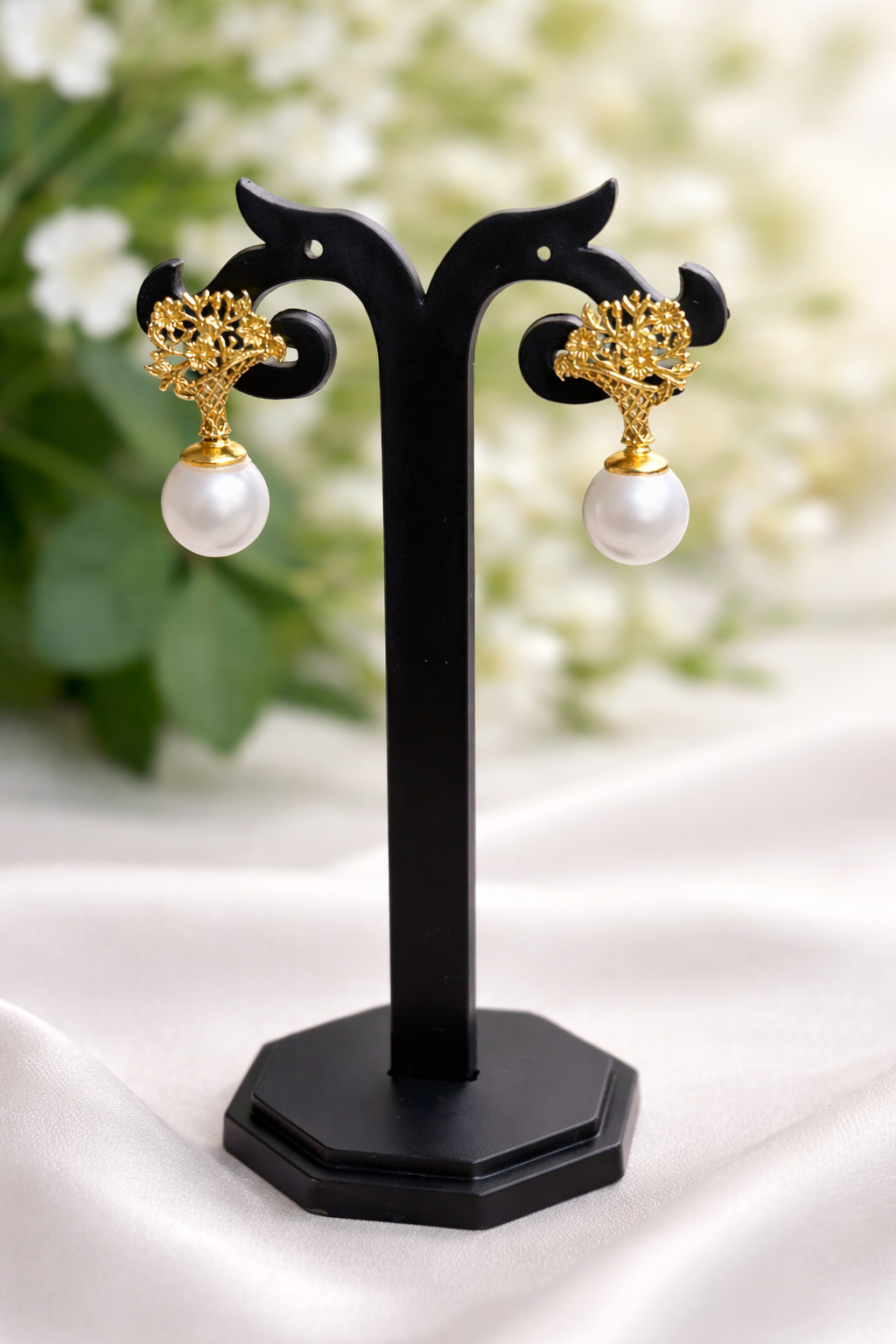 Golden Tree Pearl Drop Earrings