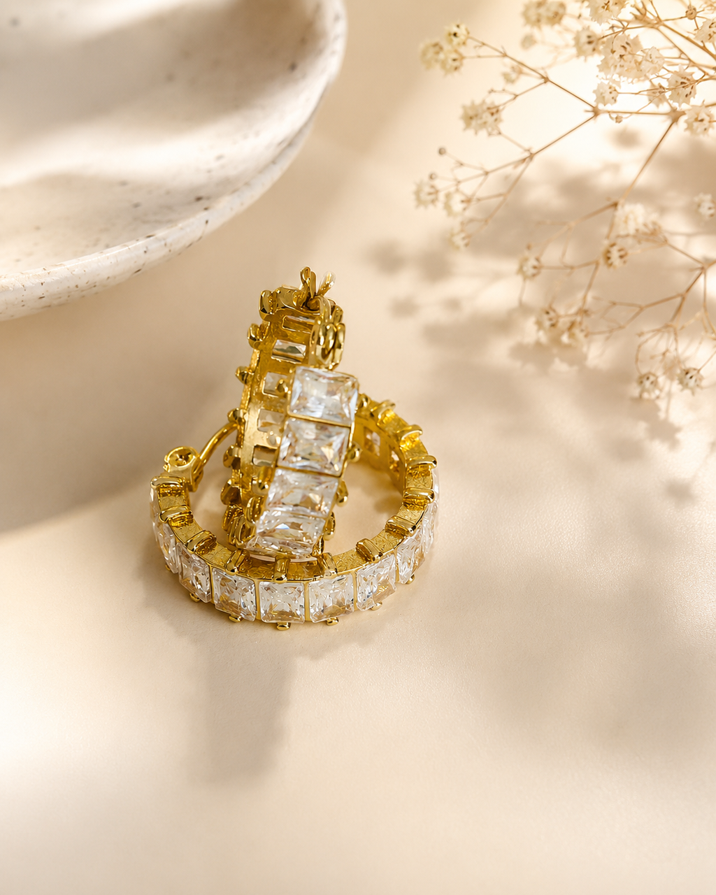 Radiant Baguette Crystal Hoop Earrings – 18K Gold Plated Statement Hoops