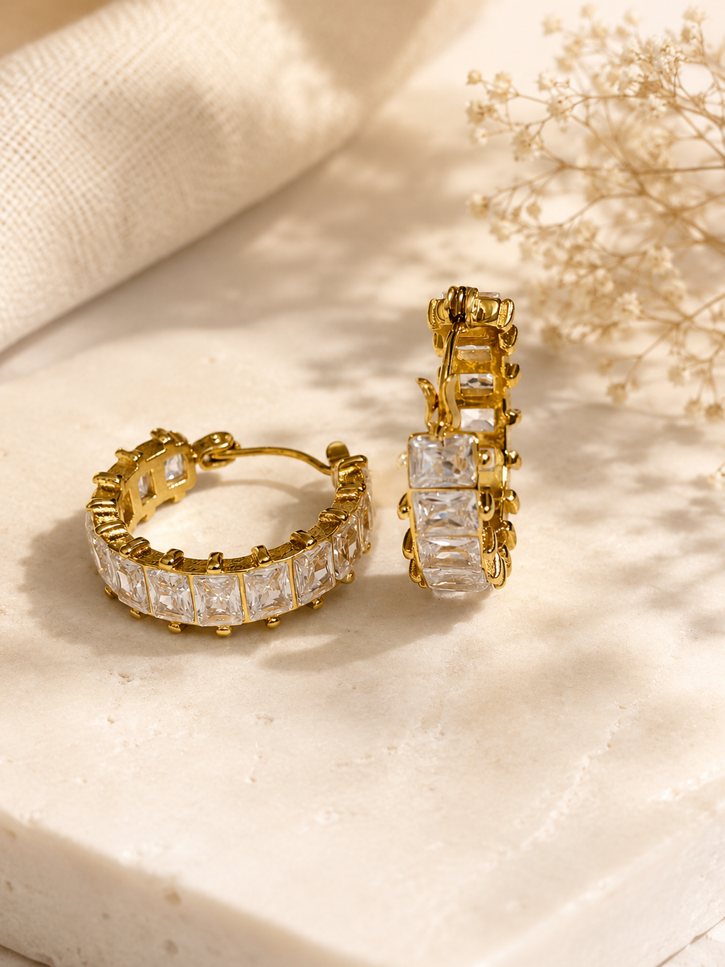 Radiant Baguette Crystal Hoop Earrings – 18K Gold Plated Statement Hoops