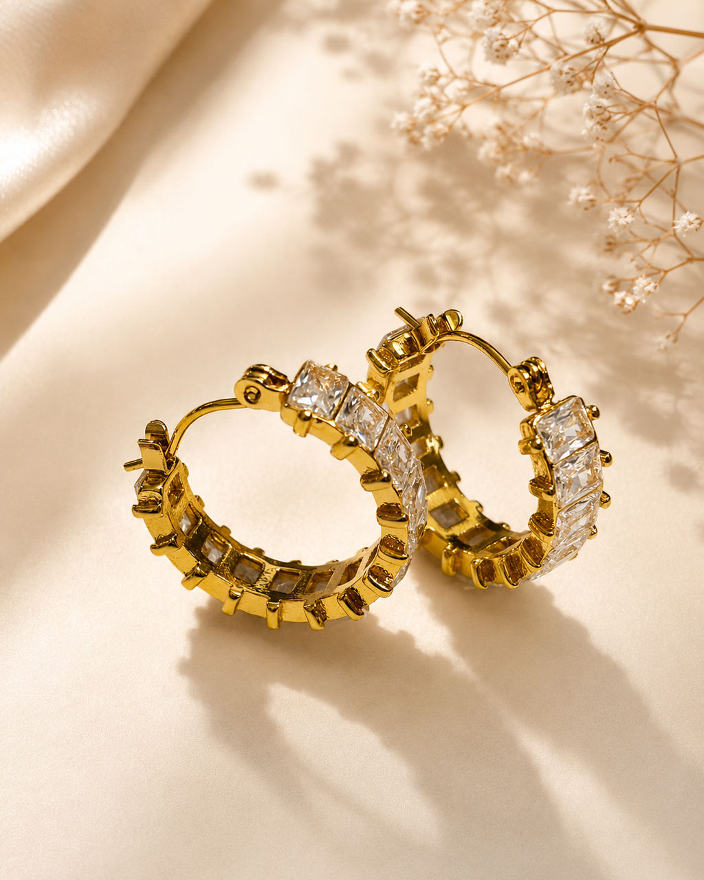 Radiant Baguette Crystal Hoop Earrings – 18K Gold Plated Statement Hoops