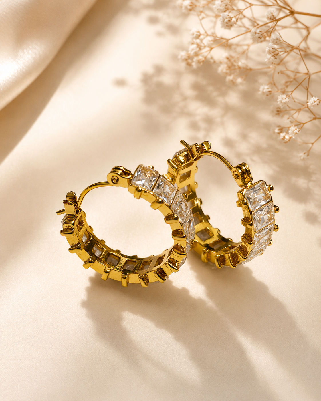 Radiant Baguette Crystal Hoop Earrings – 18K Gold Plated Statement Hoops