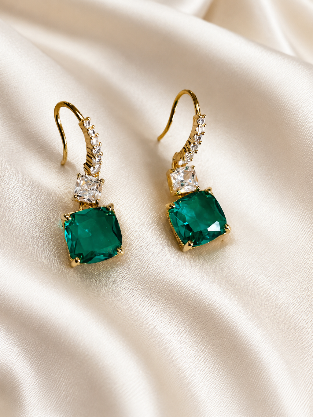 Emerald Green Cushion-Cut Drop Earrings