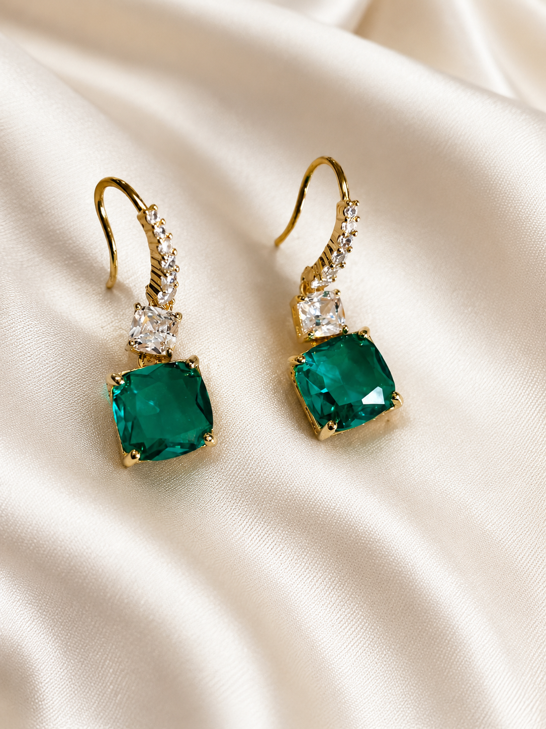 Emerald Green Cushion-Cut Drop Earrings