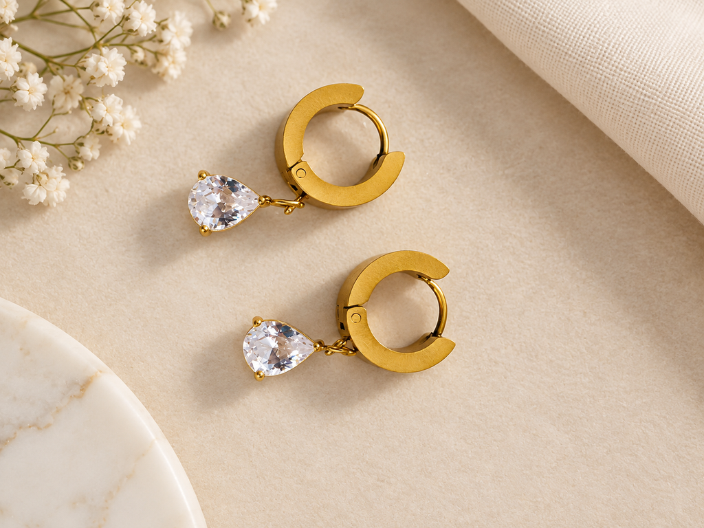 18K Gold Teardrop Crystal Huggie Earrings
