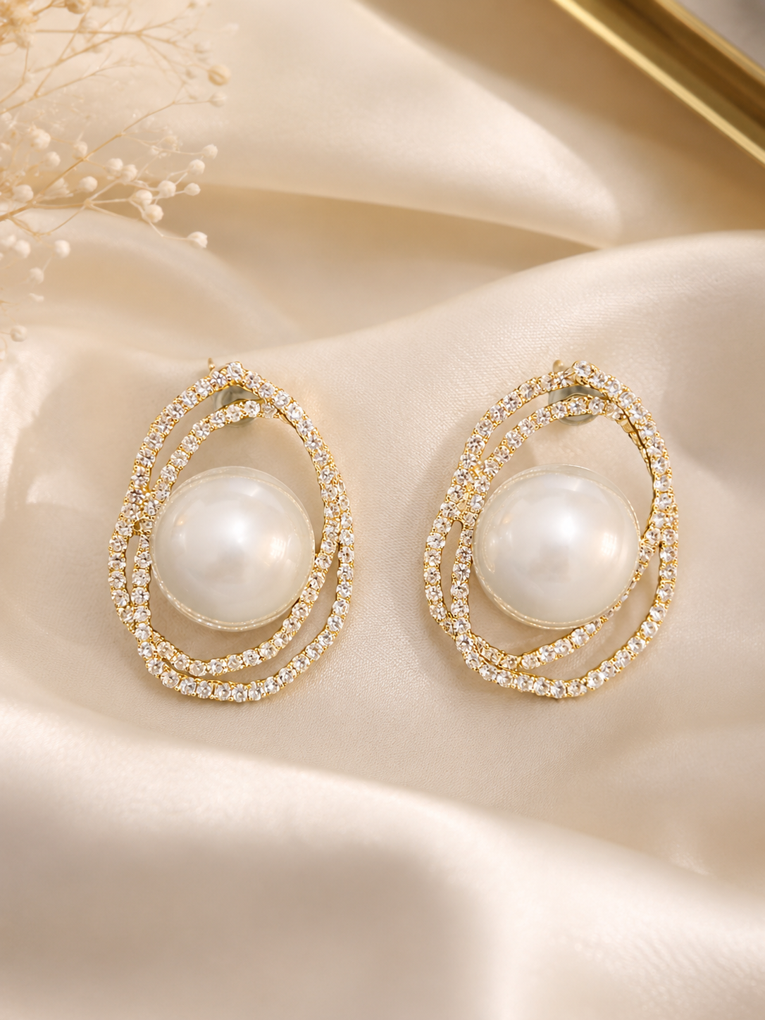 Pearl Halo Crystal Stud Earrings | 18K Gold Plated | Elegant Statement Earrings for Women