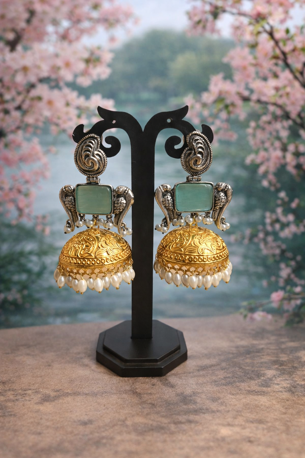 Rangriti Stone Antique Gold Jhumka Earrings