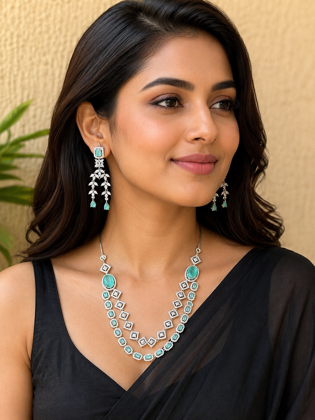 Emerald Blossom Pastel Green Statement Necklace Set
