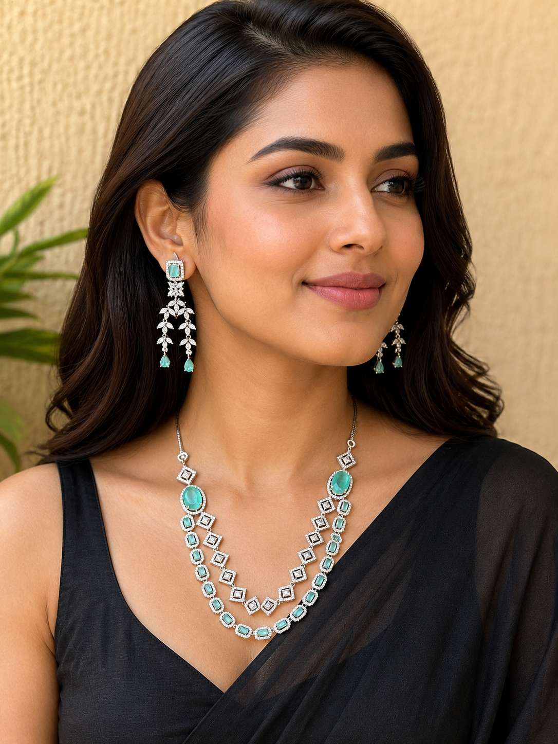 Emerald Blossom Pastel Green Statement Necklace Set