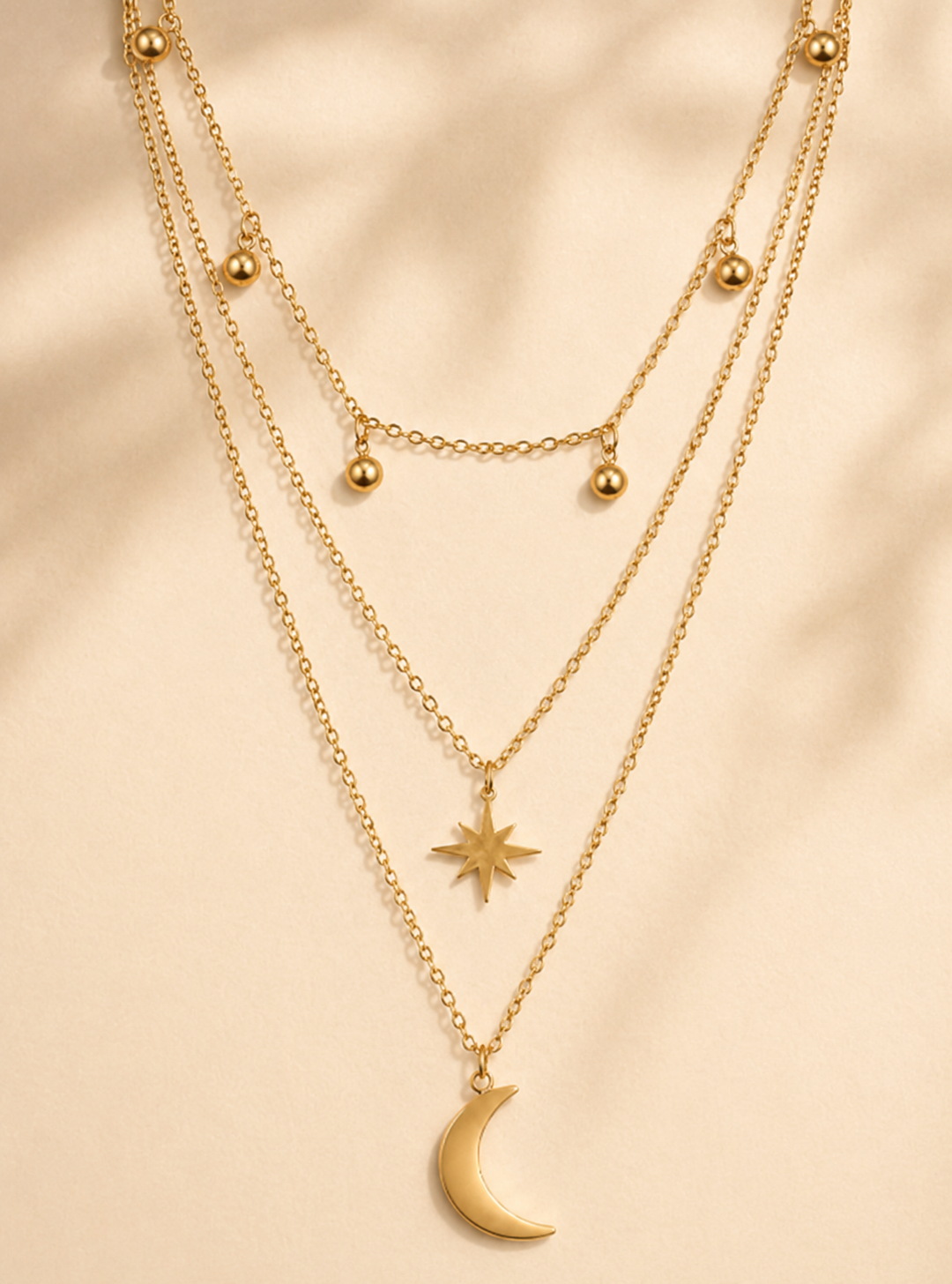 House of Meira Celestial Triple Layer Moon & Star Gold Necklace