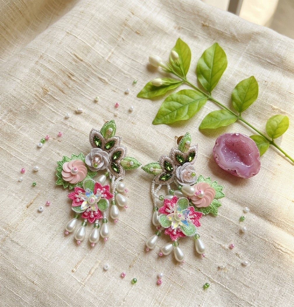 Designer handcrafted Floral Embroidered Statement Earrings