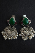 Aqua Stone Peacock Motif Oxidised Silver Earrings