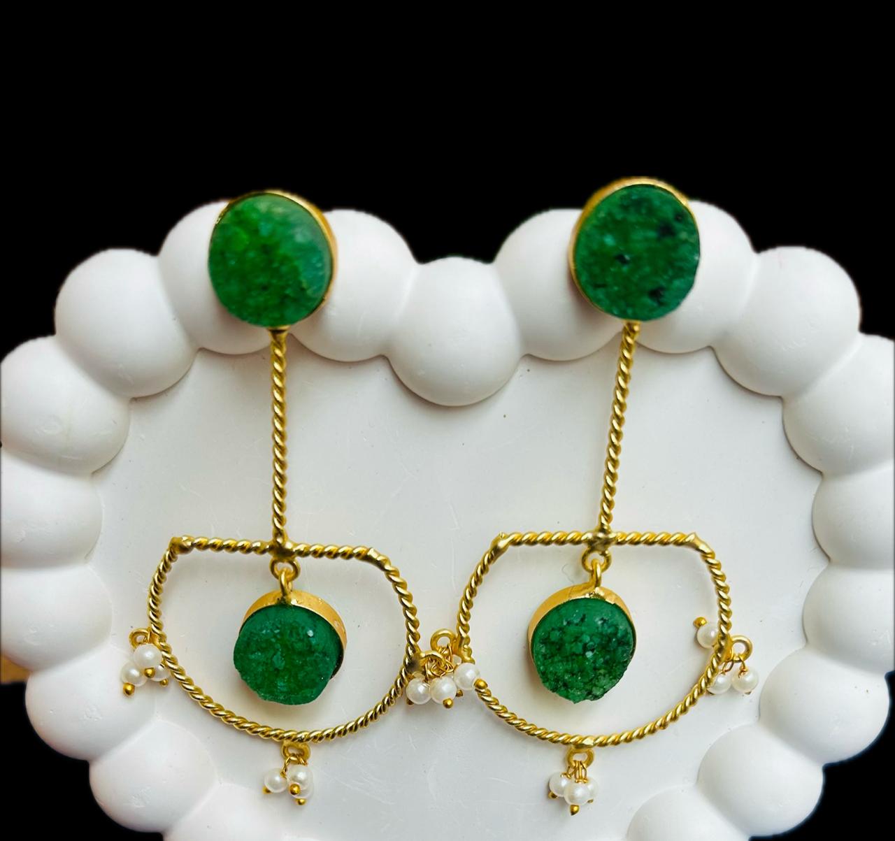 Emerald Green Druzy Drop Earrings with Twisted Gold Frame