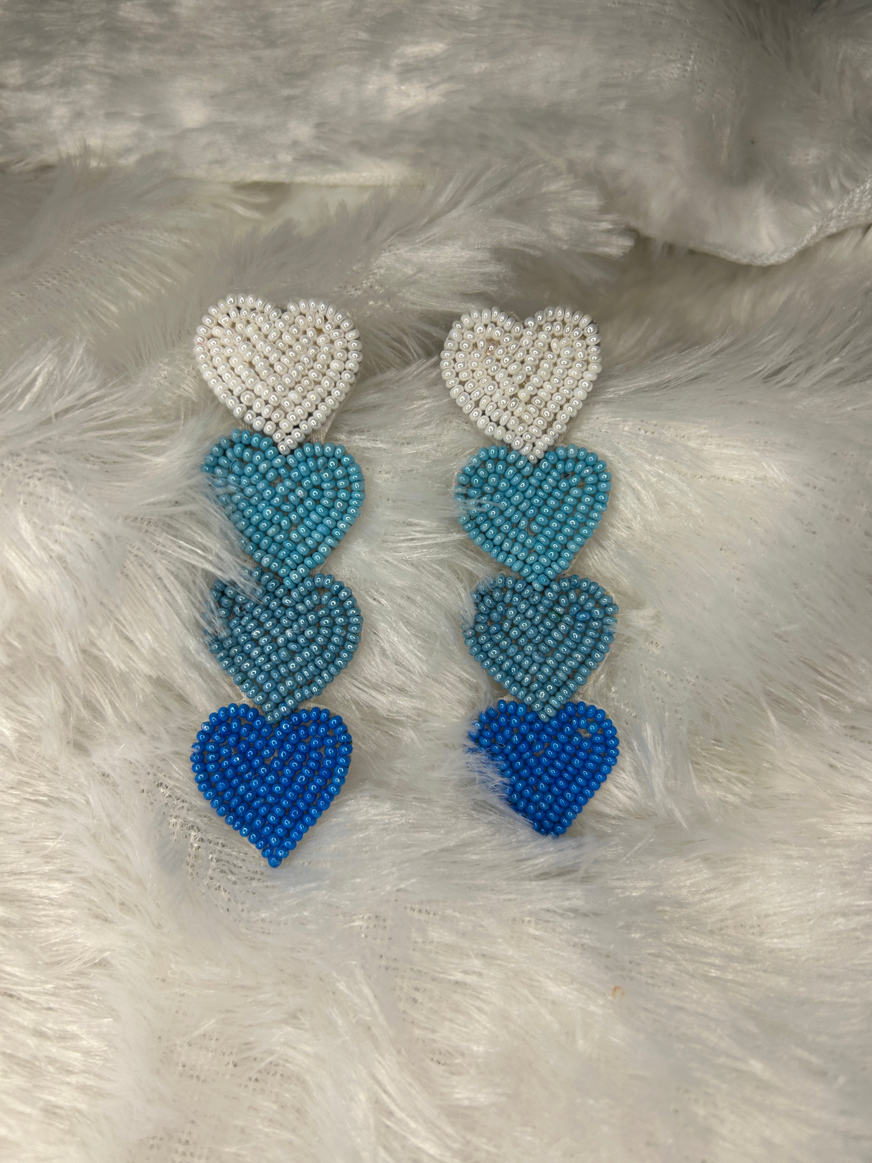 Light Blue Beaded Heart Cascade Earrings