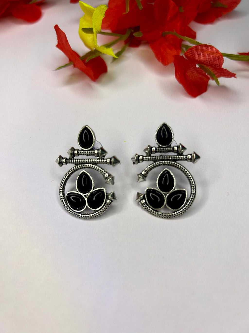 Elegant Black Stone Oxidized Silver Earrings