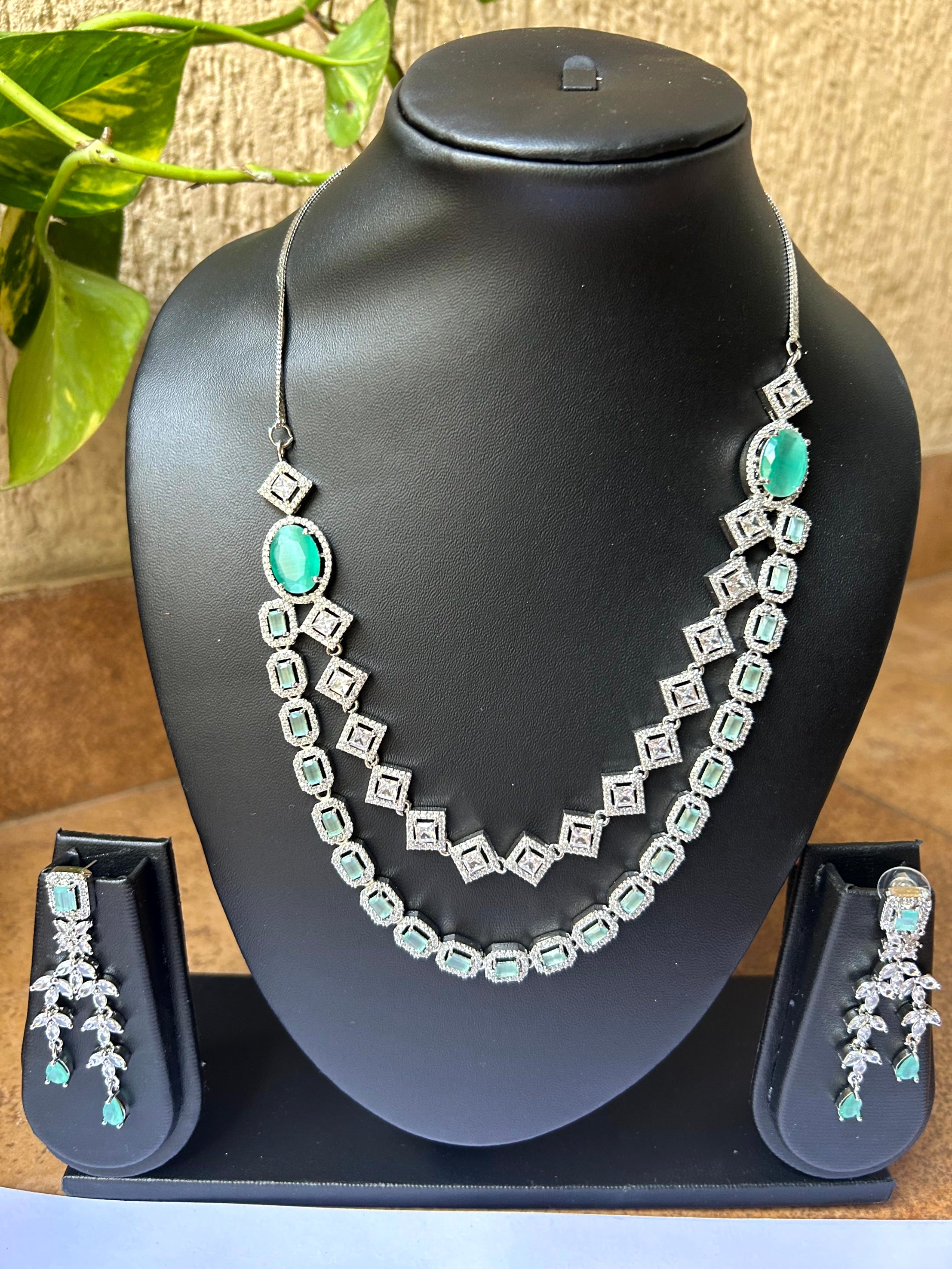 Emerald Blossom Pastel Green Statement Necklace Set