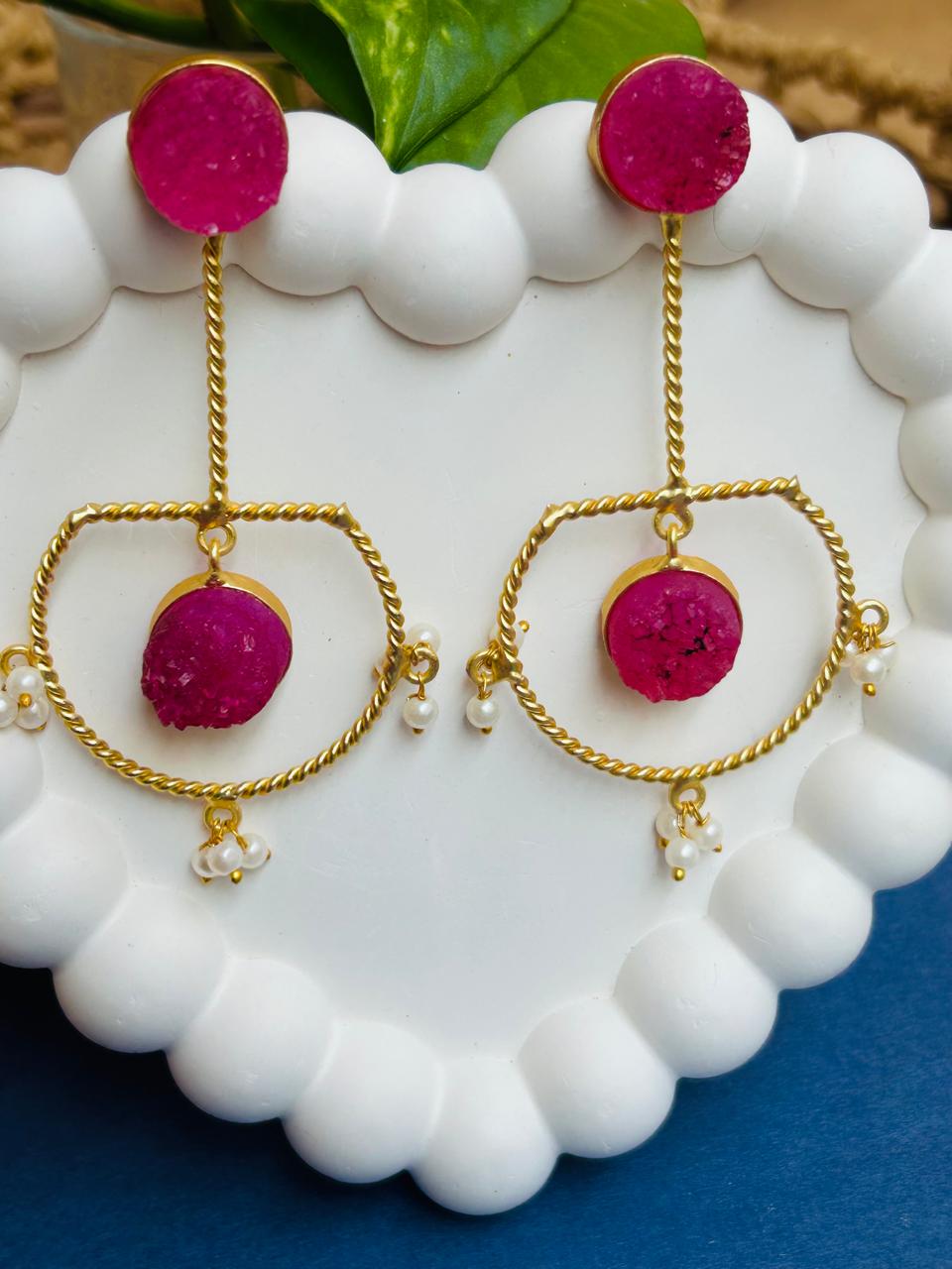 Magenta Druzy Drop Earrings with Twisted Gold Frame