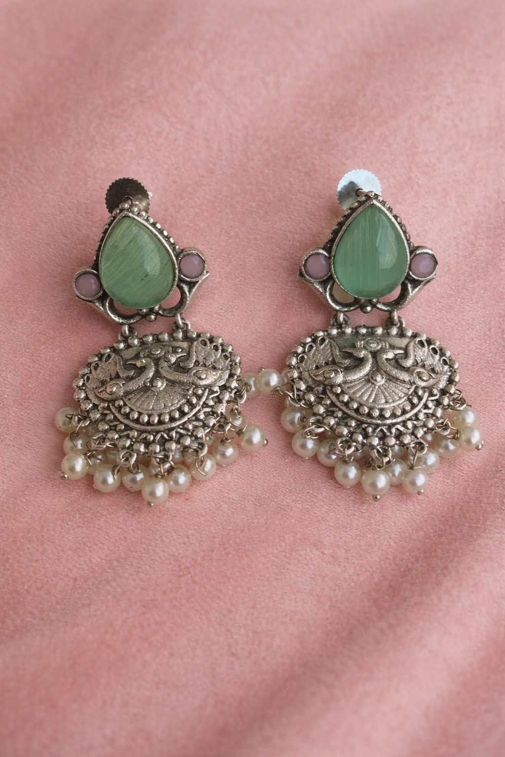 Aqua Stone Peacock Motif Oxidised Silver Earrings