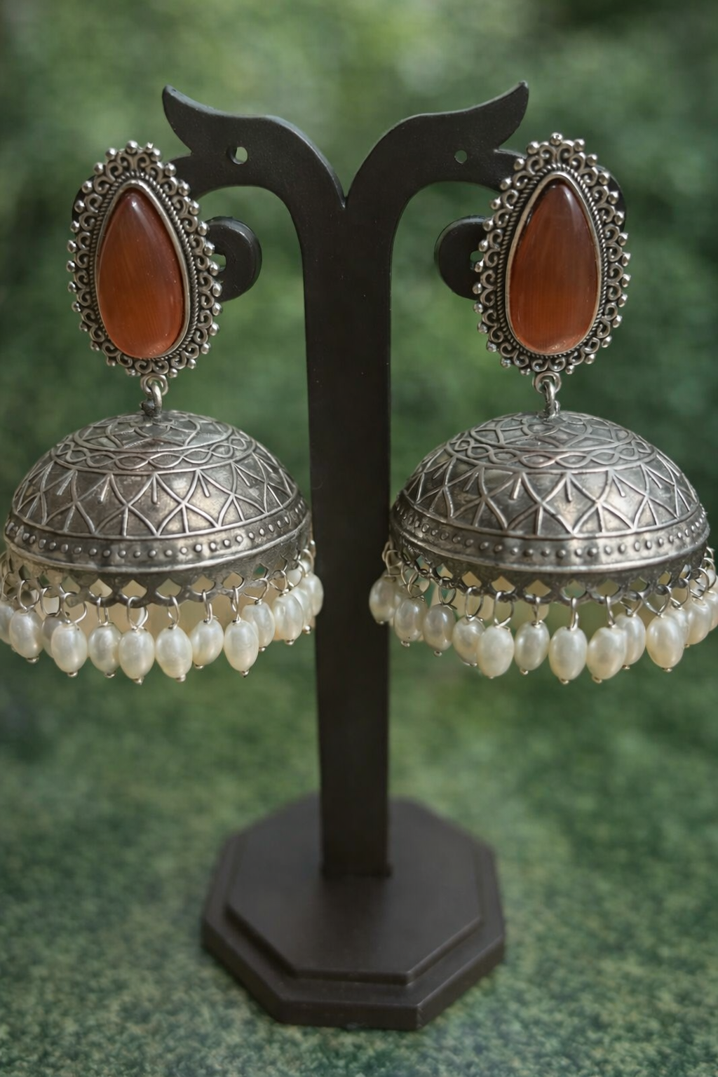 Stone Oxidised Silver Jhumka Earrings with Pearl Drops