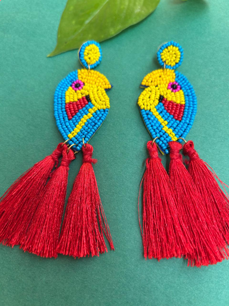 Beaded Parrot Tassel Earrings
