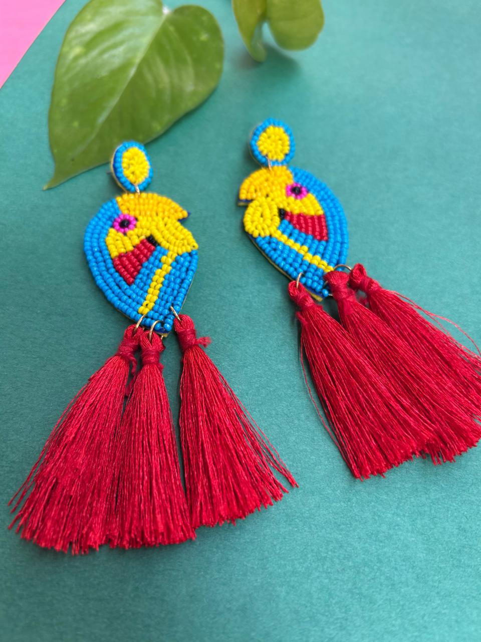 Beaded Parrot Tassel Earrings