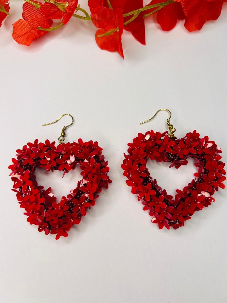 Crimson Floral Heart Hoops
