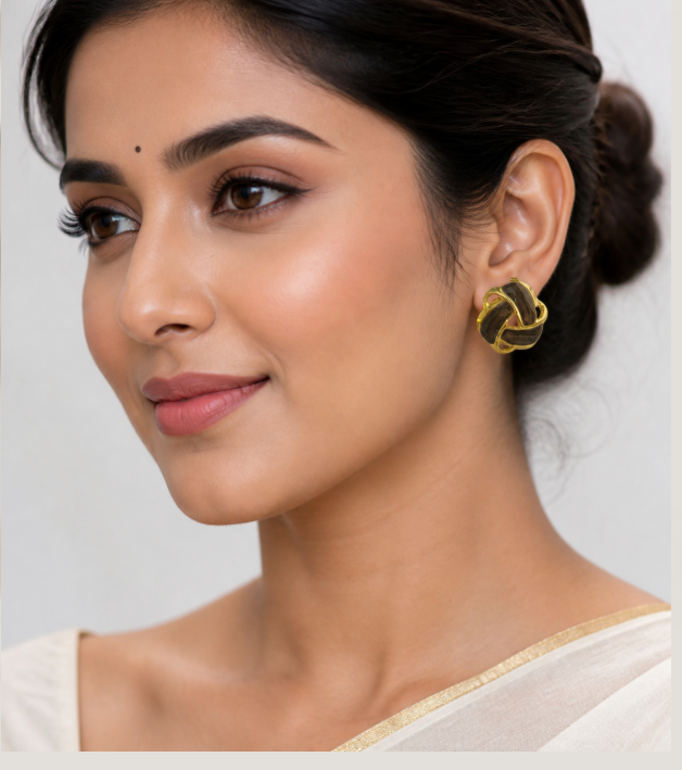 Golden Knot Stud Earrings with Coffee Enamel