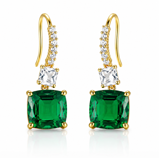 Emerald Green Cushion-Cut Drop Earrings