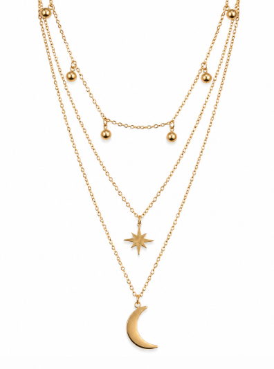 House of Meira Celestial Triple Layer Moon & Star Gold Necklace