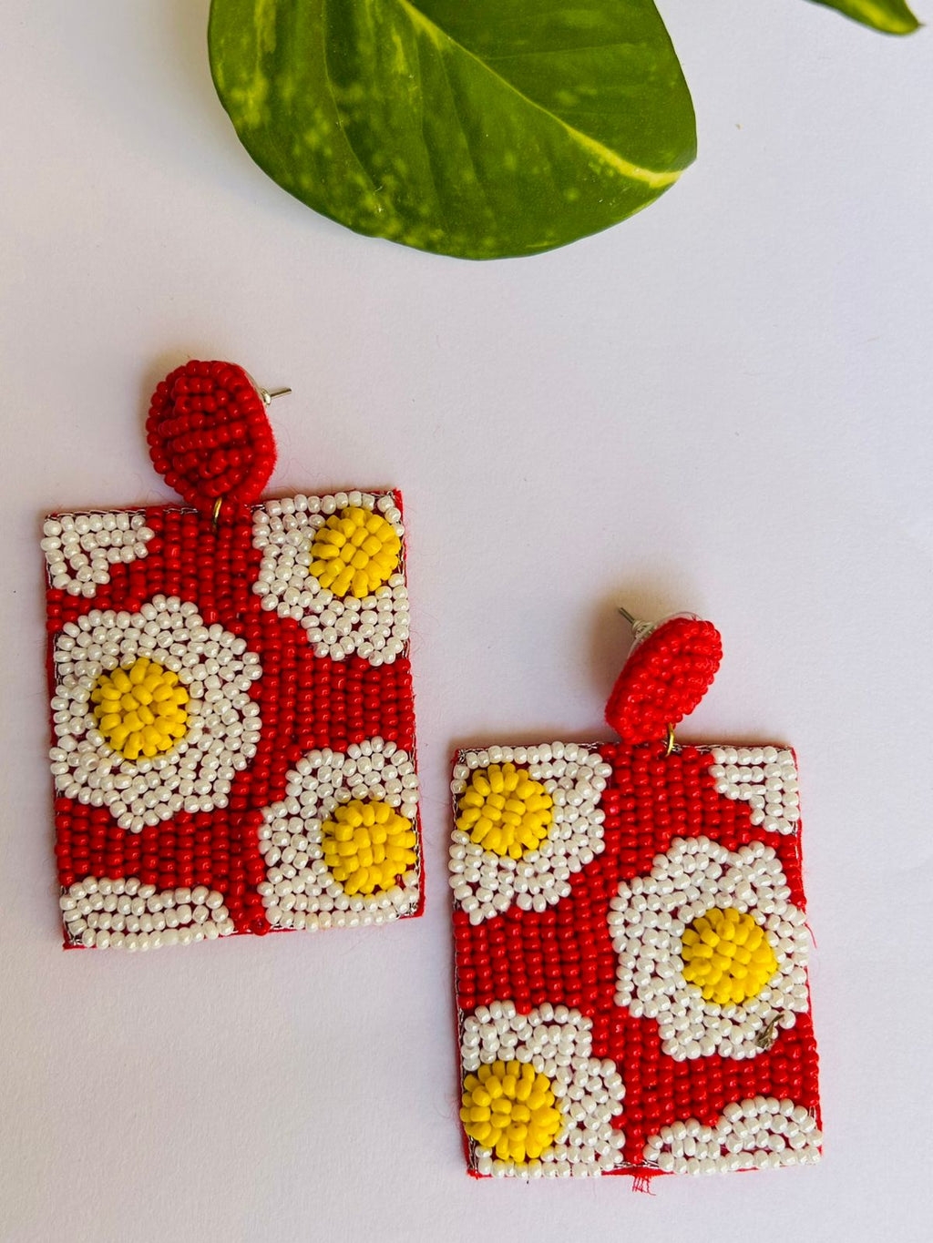 Red Bloom Beaded Statement Earrings