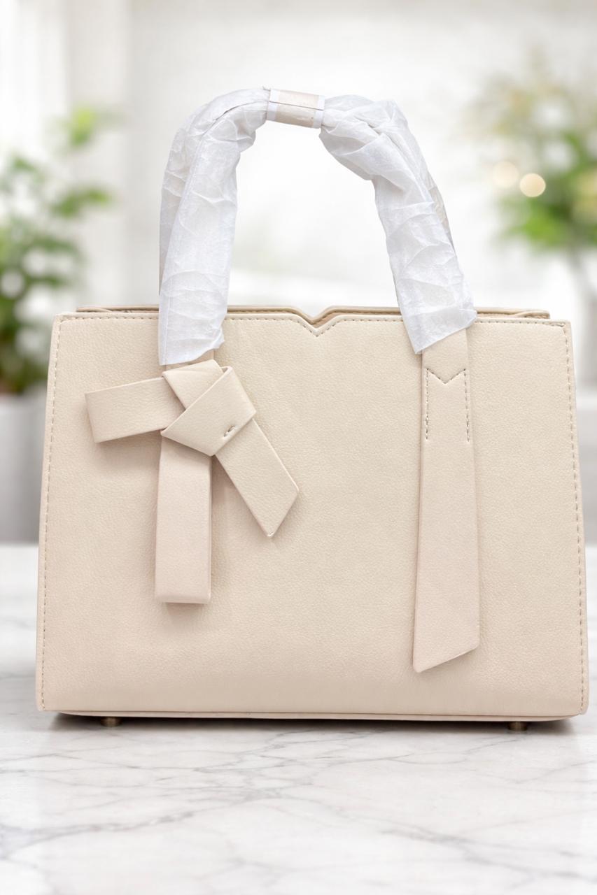 Elegant Bow Detail Structured Handbag – Ivory Beige