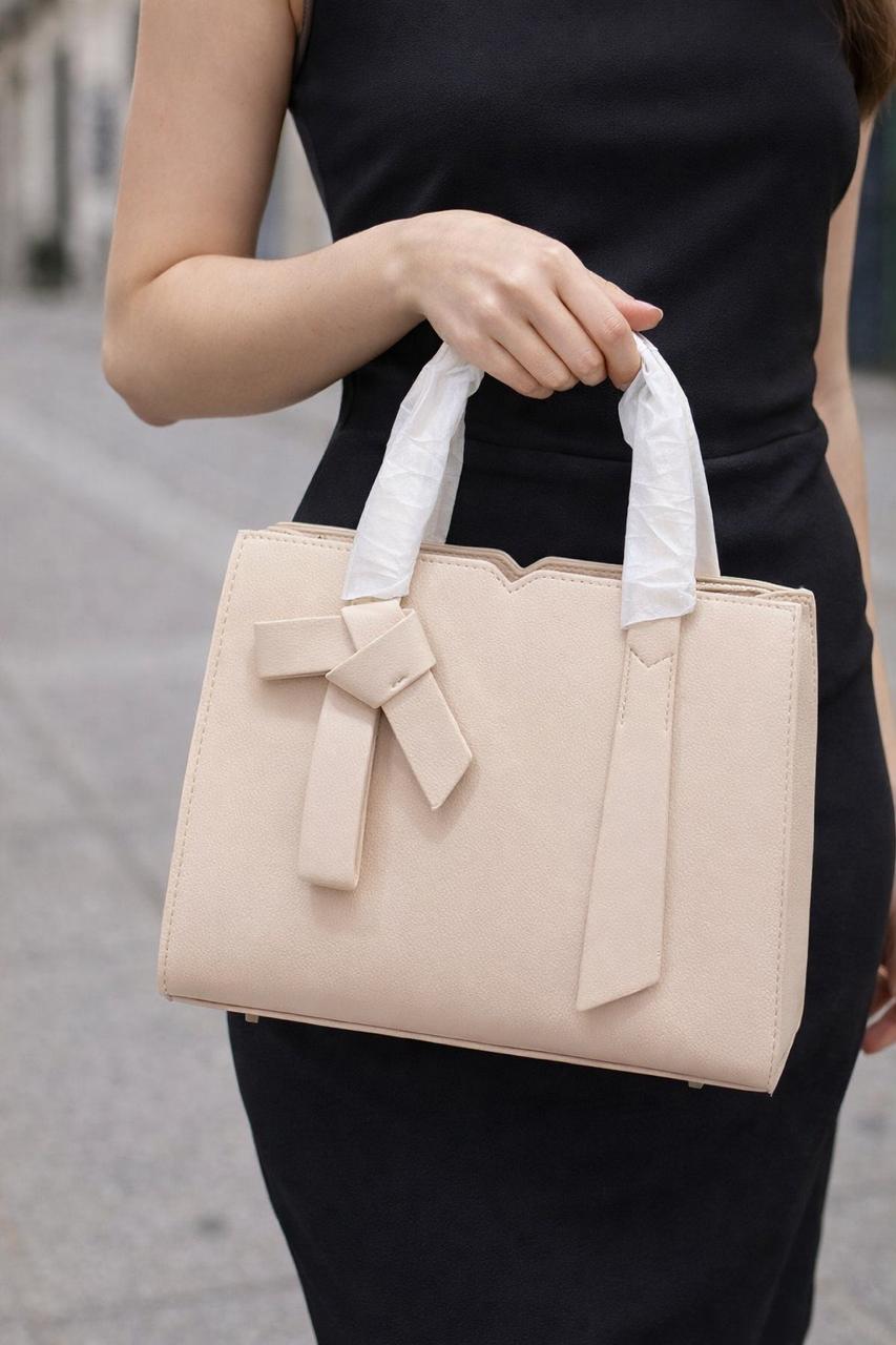 Elegant Bow Detail Structured Handbag – Ivory Beige