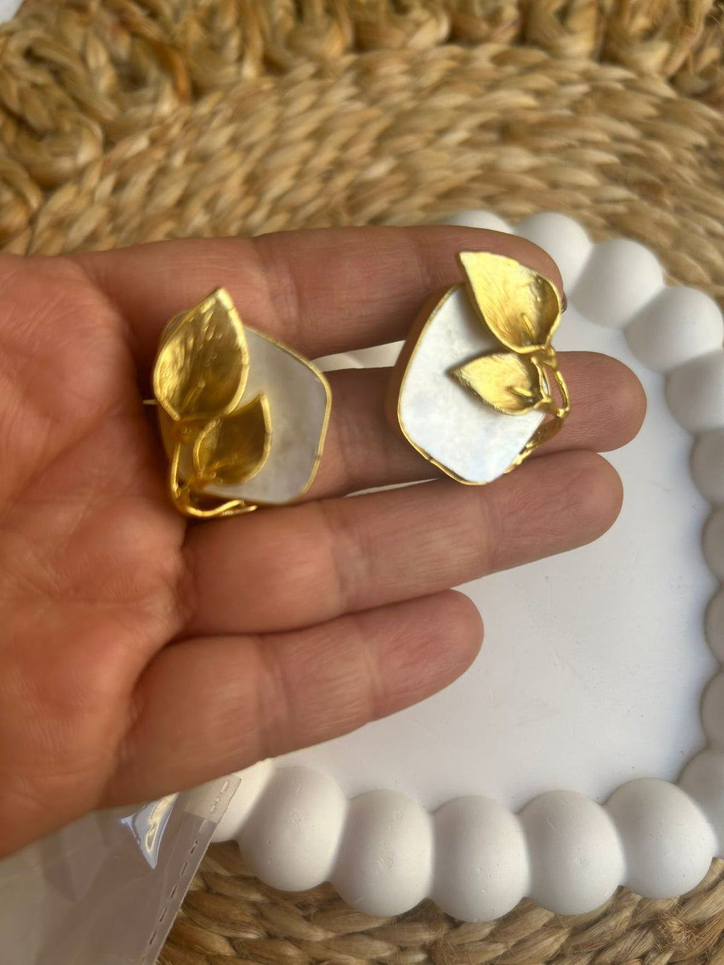 Golden Leaf Pearl Statement Stud Earrings
