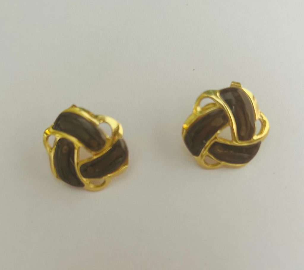 Golden Knot Stud Earrings with Coffee Enamel