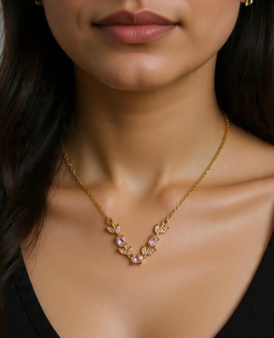 House of Meira Blush Bloom Necklace for Women | 316 Stainless Steel | Pink Crystal Floral Necklace | Anti-Tarnish | Elegant Everyday Jewellery