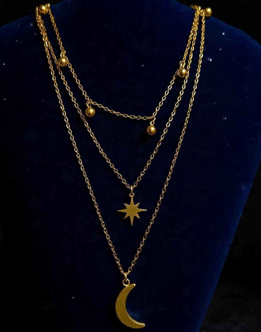House of Meira Celestial Triple Layer Moon & Star Gold Necklace