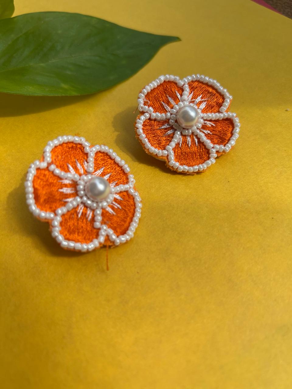Blossom Embroidered Stud Earrings with white bead in center
