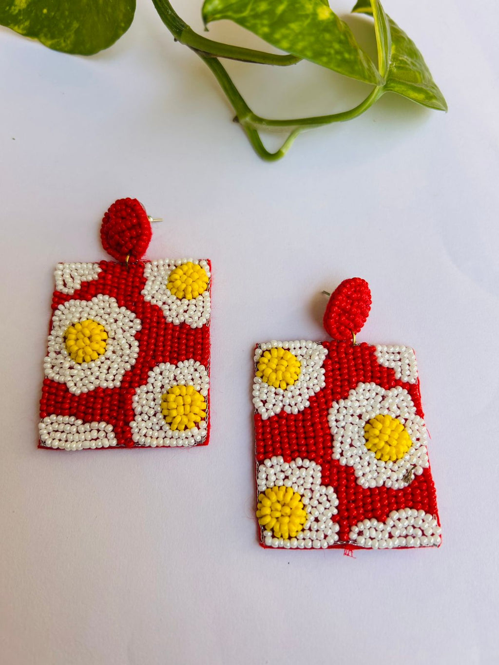 Red Bloom Beaded Statement Earrings
