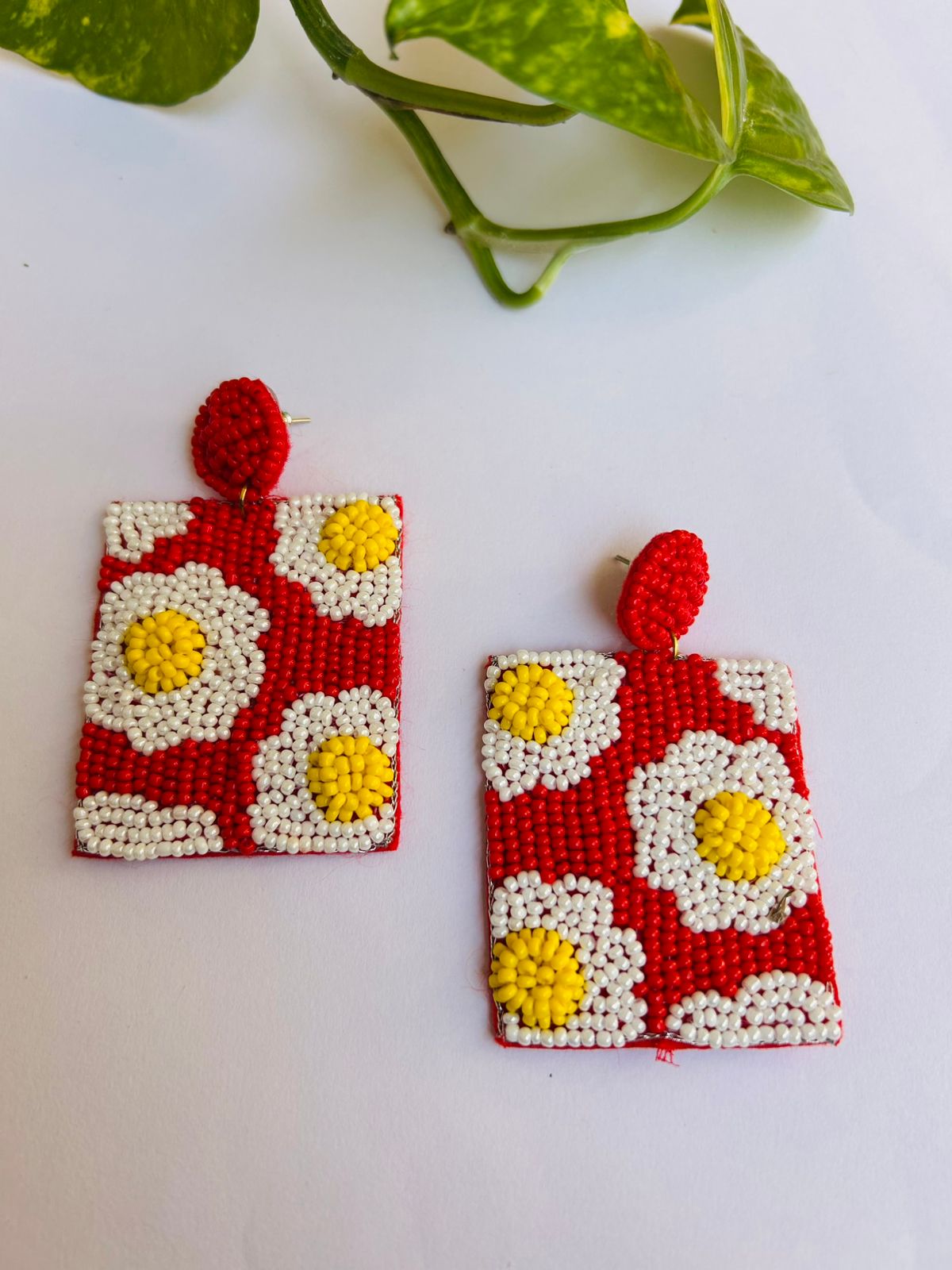 Red Bloom Beaded Statement Earrings
