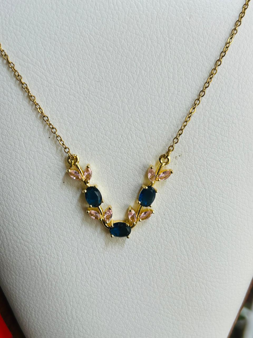 House of Meira Sapphire Bloom Necklace for Women | 316 Stainless Steel | 18K Gold Plated | Blue & Pink Crystal Pendant Necklace | Anti-Tarnish | Elegant Everyday Jewellery