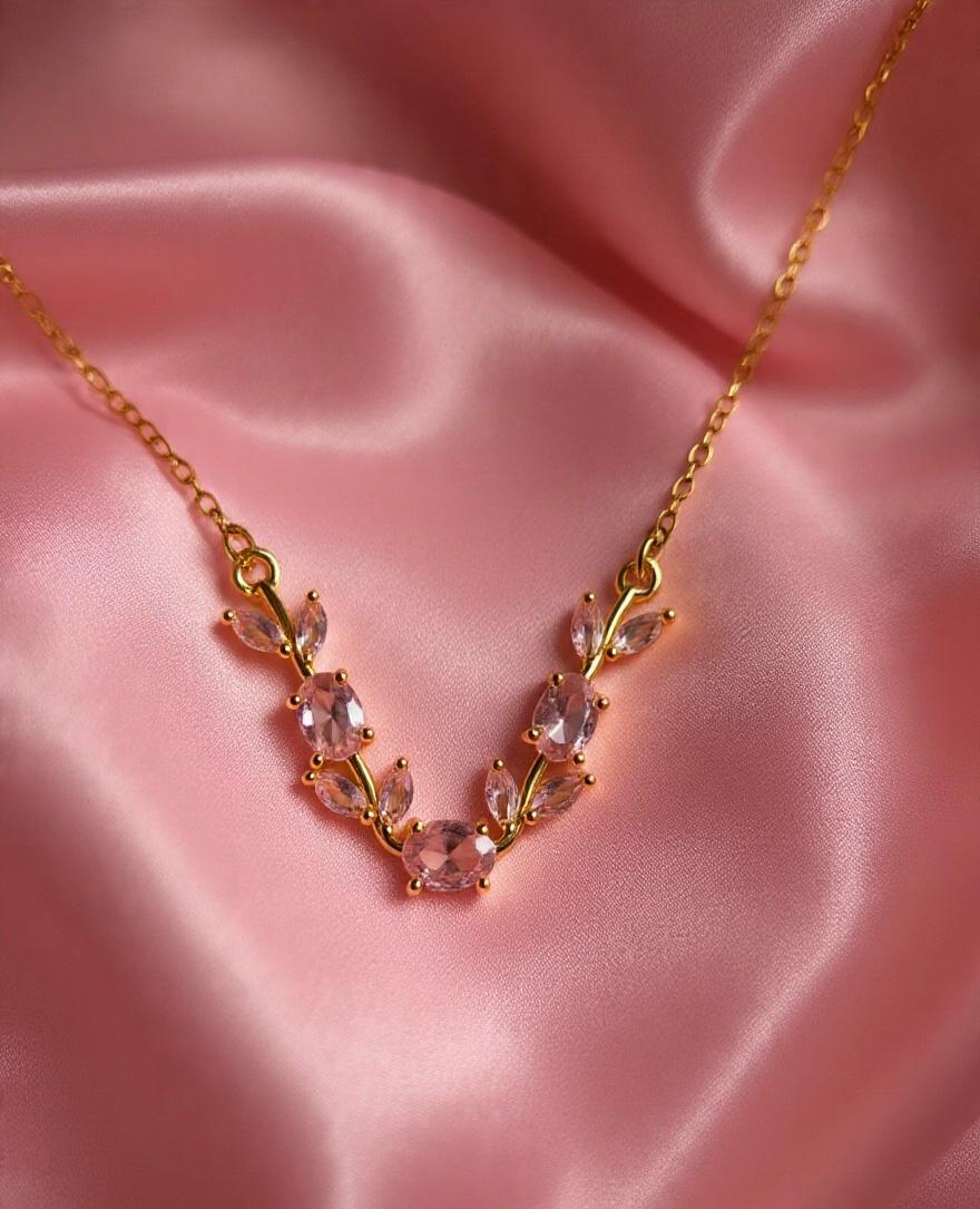 House of Meira Blush Bloom Necklace for Women | 316 Stainless Steel | Pink Crystal Floral Necklace | Anti-Tarnish | Elegant Everyday Jewellery