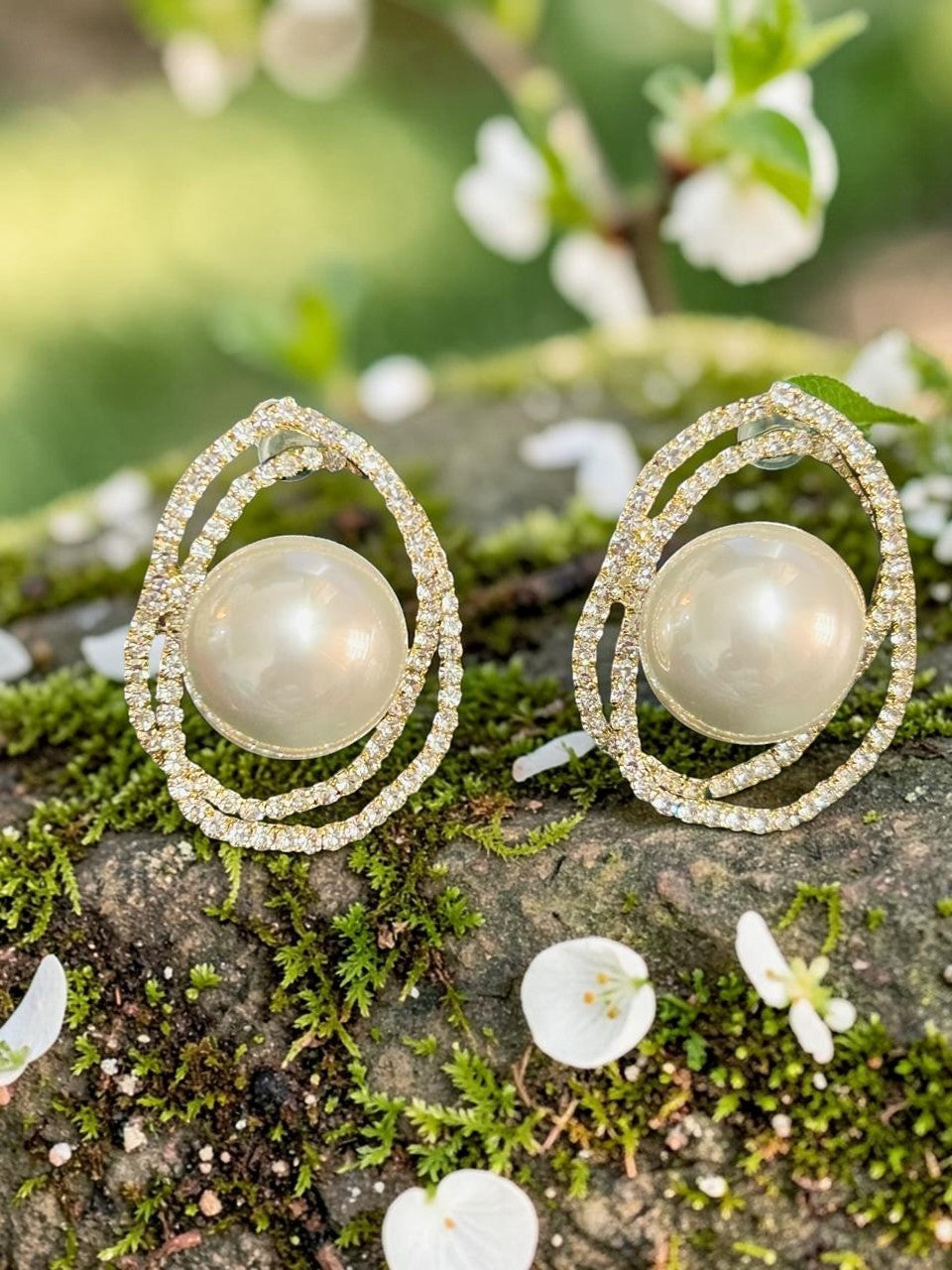 Pearl Halo Crystal Stud Earrings | 18K Gold Plated | Elegant Statement Earrings for Women
