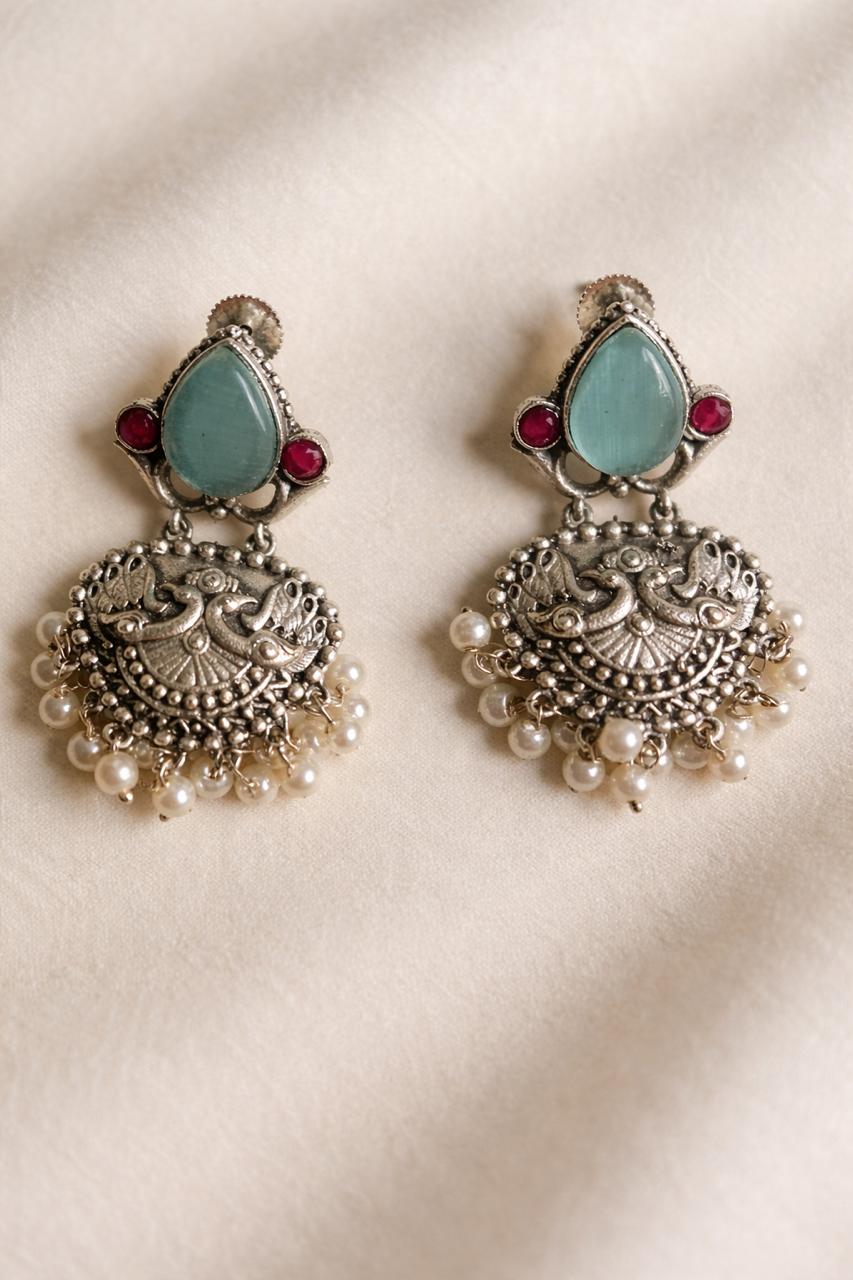 Aqua Stone Peacock Motif Oxidised Silver Earrings