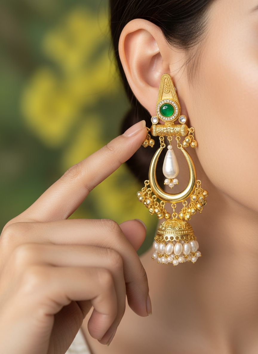 Emerald Mughal Dangler Jhumka Earrings
