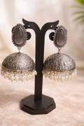 Stone Oxidised Silver Jhumka Earrings with Pearl Drops