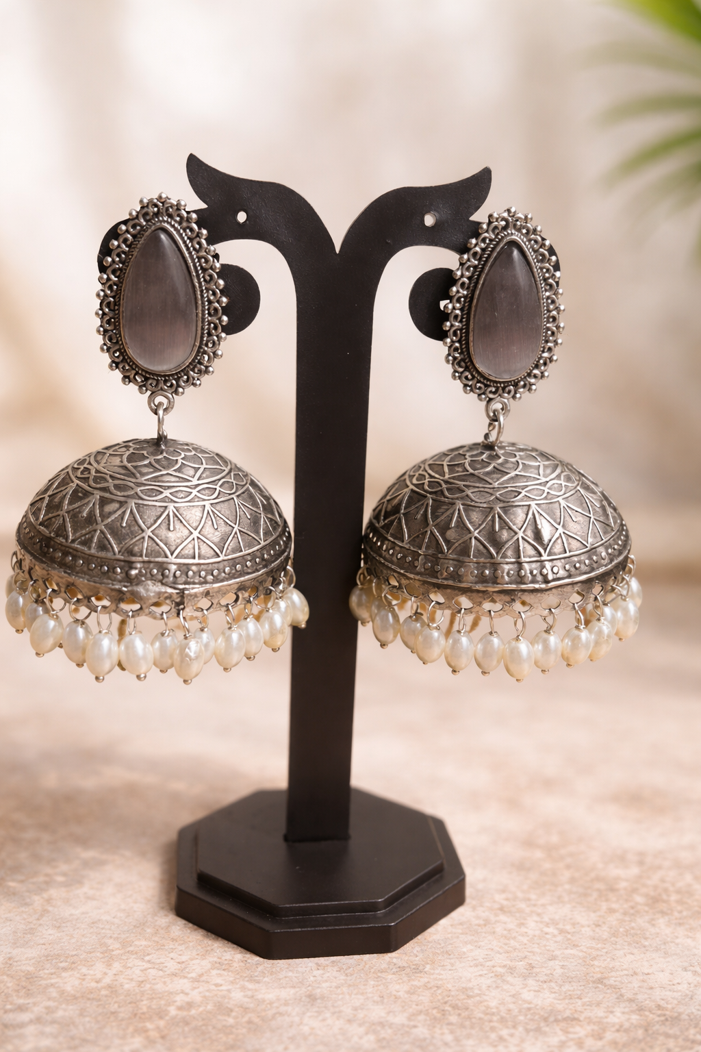Stone Oxidised Silver Jhumka Earrings with Pearl Drops