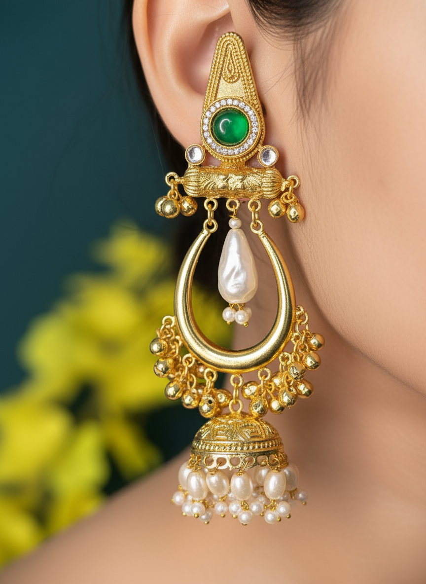 Emerald Mughal Dangler Jhumka Earrings