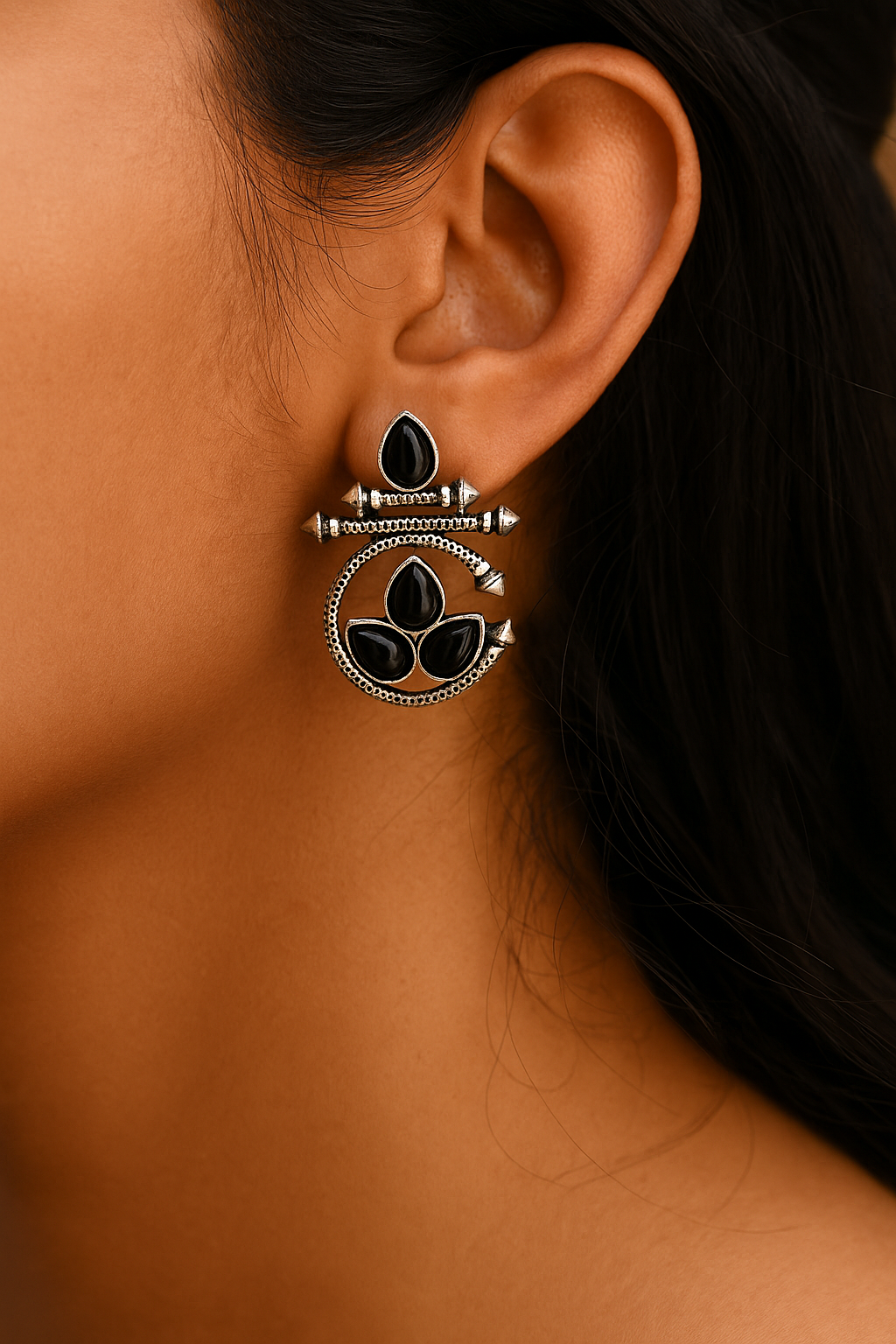 Elegant Black Stone Oxidized Silver Earrings