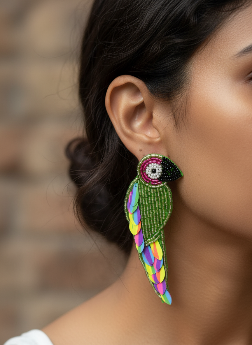 Beaded Parrot Statement Earrings