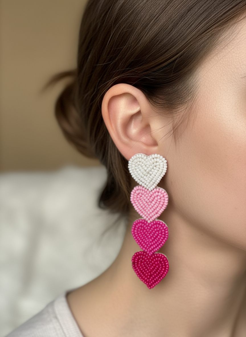 Beaded Gradient Heart Statement Earrings